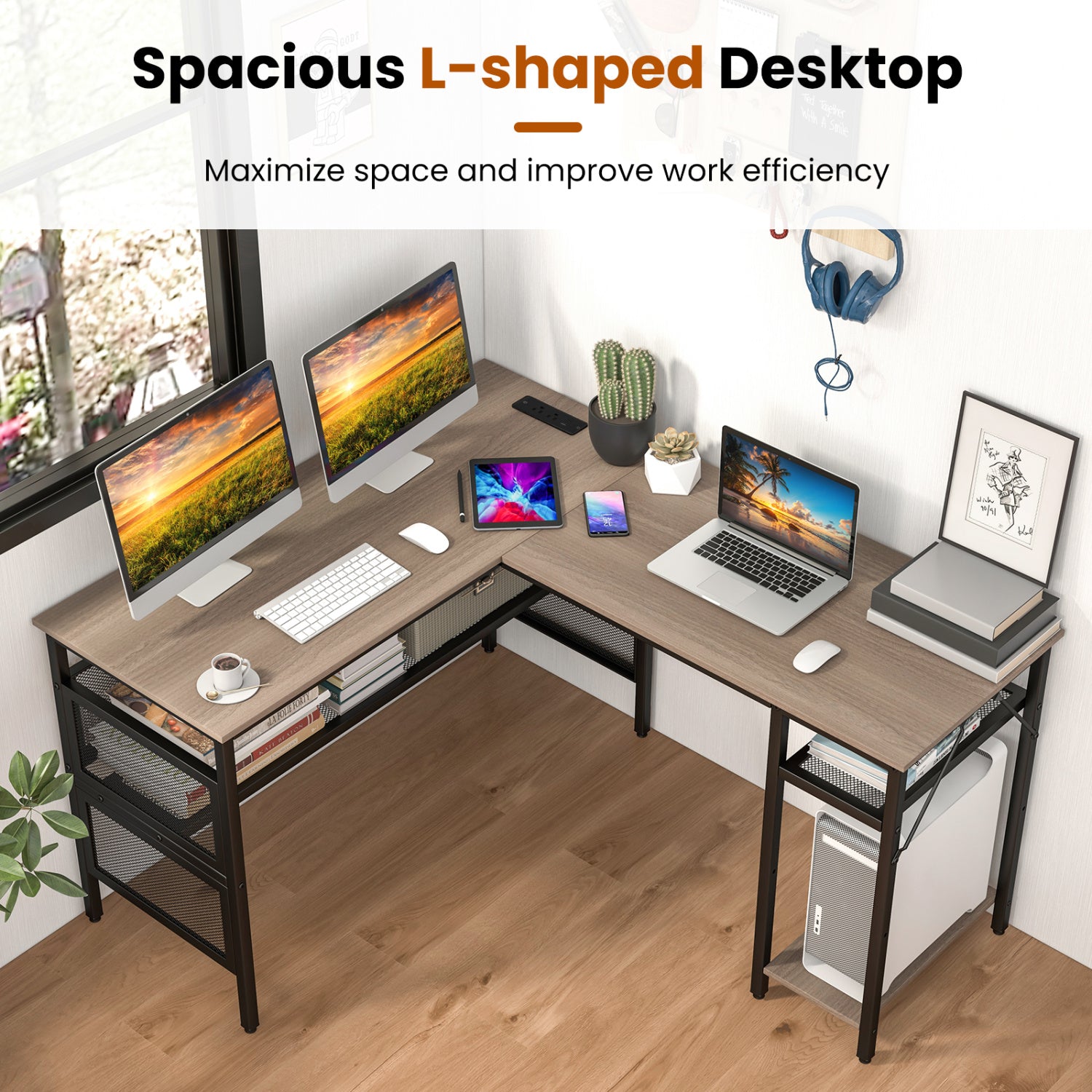 L-Shaped Computer Desk With Charging Station, Adjustable Shelf, Gray L-Shaped Desks at Gallery Canada