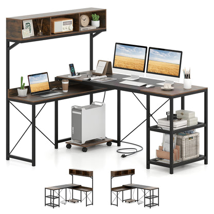 L-Shaped Computer Desk with Power Outlets 62 Inches Corner Desk with Storage Hutch, Brown L-Shaped Desks at Gallery Canada