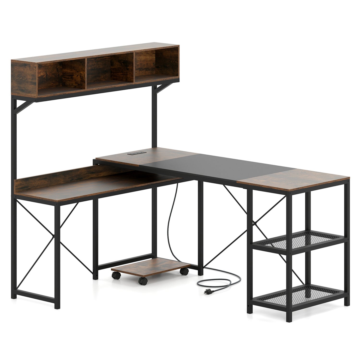 L-Shaped Computer Desk with Power Outlets 62 Inches Corner Desk with Storage Hutch, Brown L-Shaped Desks Brown at Gallery Canada
