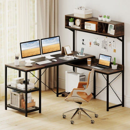 L-Shaped Computer Desk with Power Outlets 62 Inches Corner Desk with Storage Hutch, Brown L-Shaped Desks at Gallery Canada