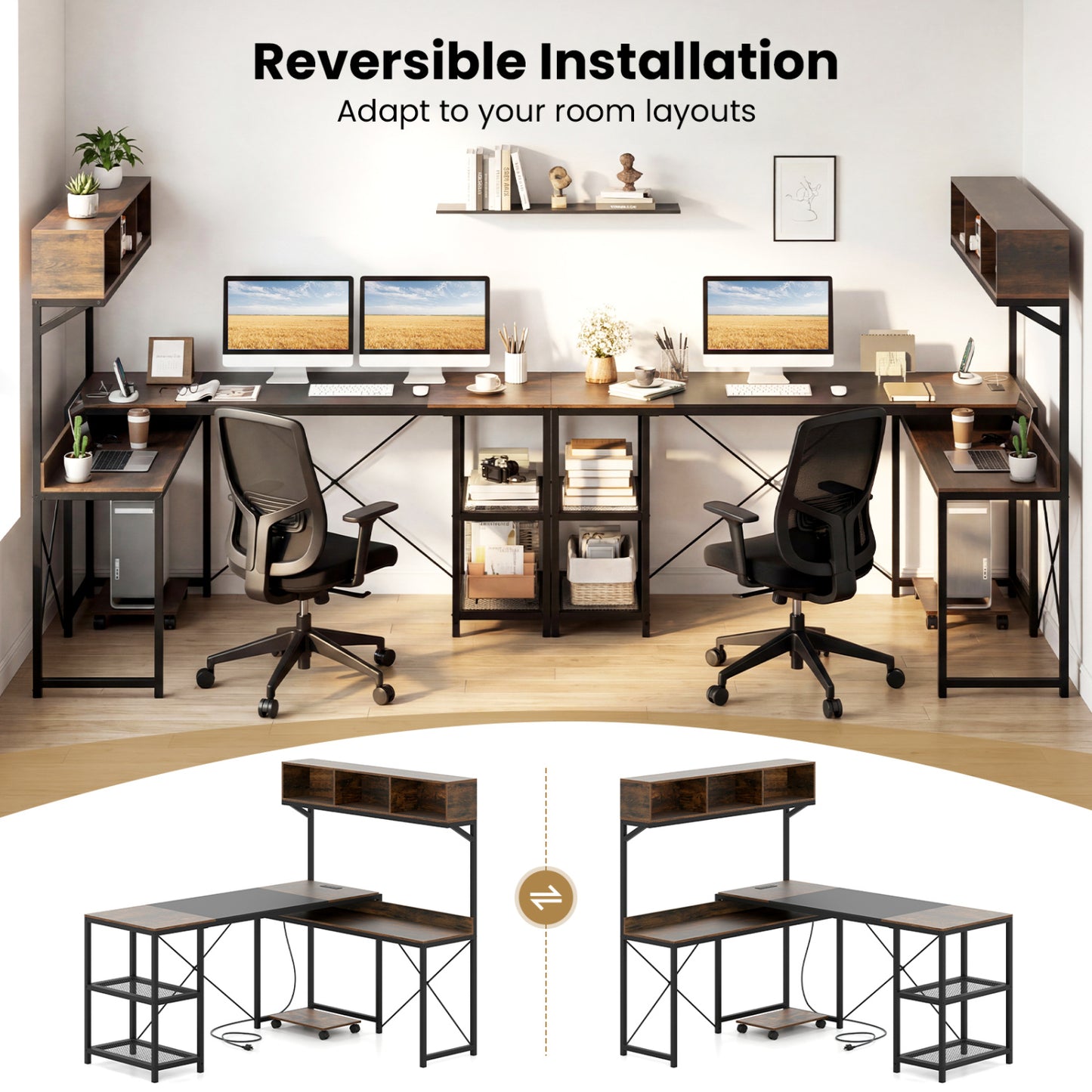 L-Shaped Computer Desk with Power Outlets 62 Inches Corner Desk with Storage Hutch, Brown L-Shaped Desks at Gallery Canada