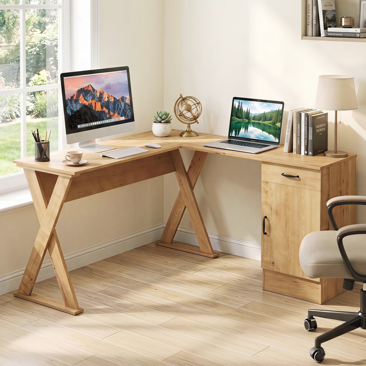 Bureau d'ordinateur en forme de L, tiroir et armoire réversibles, chêne