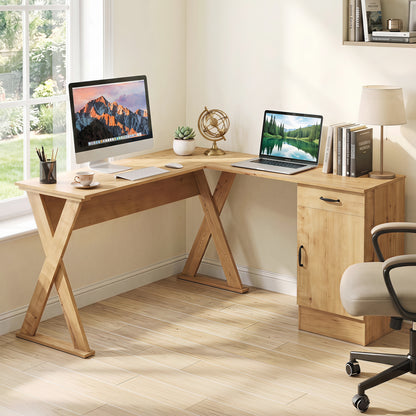 Bureau d'ordinateur en forme de L, tiroir et armoire réversibles, chêne