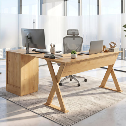Bureau d'ordinateur en forme de L, tiroir et armoire réversibles, chêne