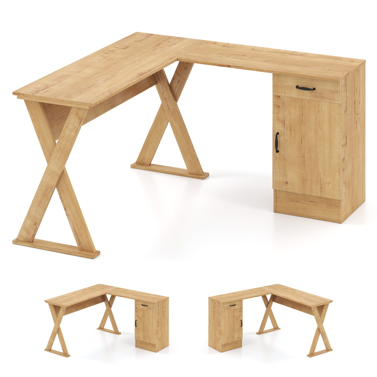 Bureau d'ordinateur en forme de L, tiroir et armoire réversibles, chêne