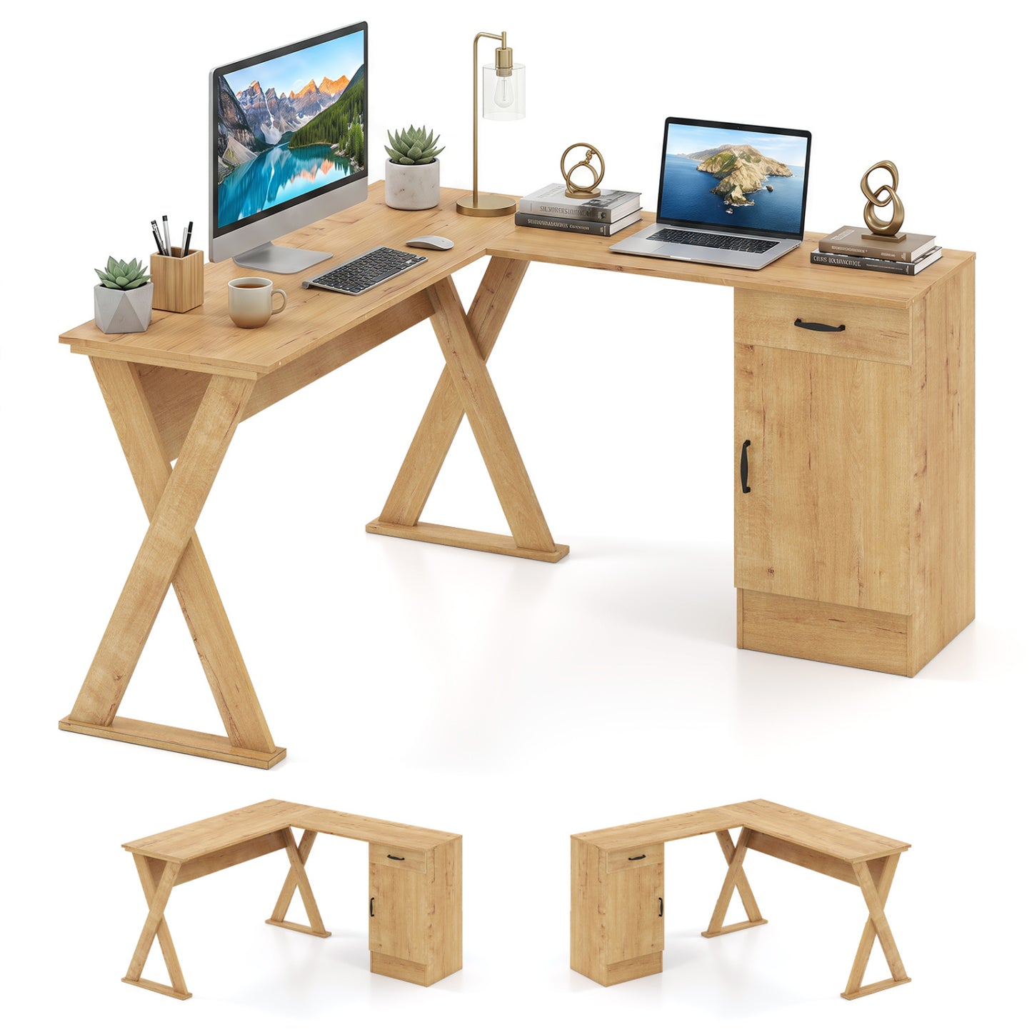 Bureau d'ordinateur en forme de L, tiroir et armoire réversibles, chêne