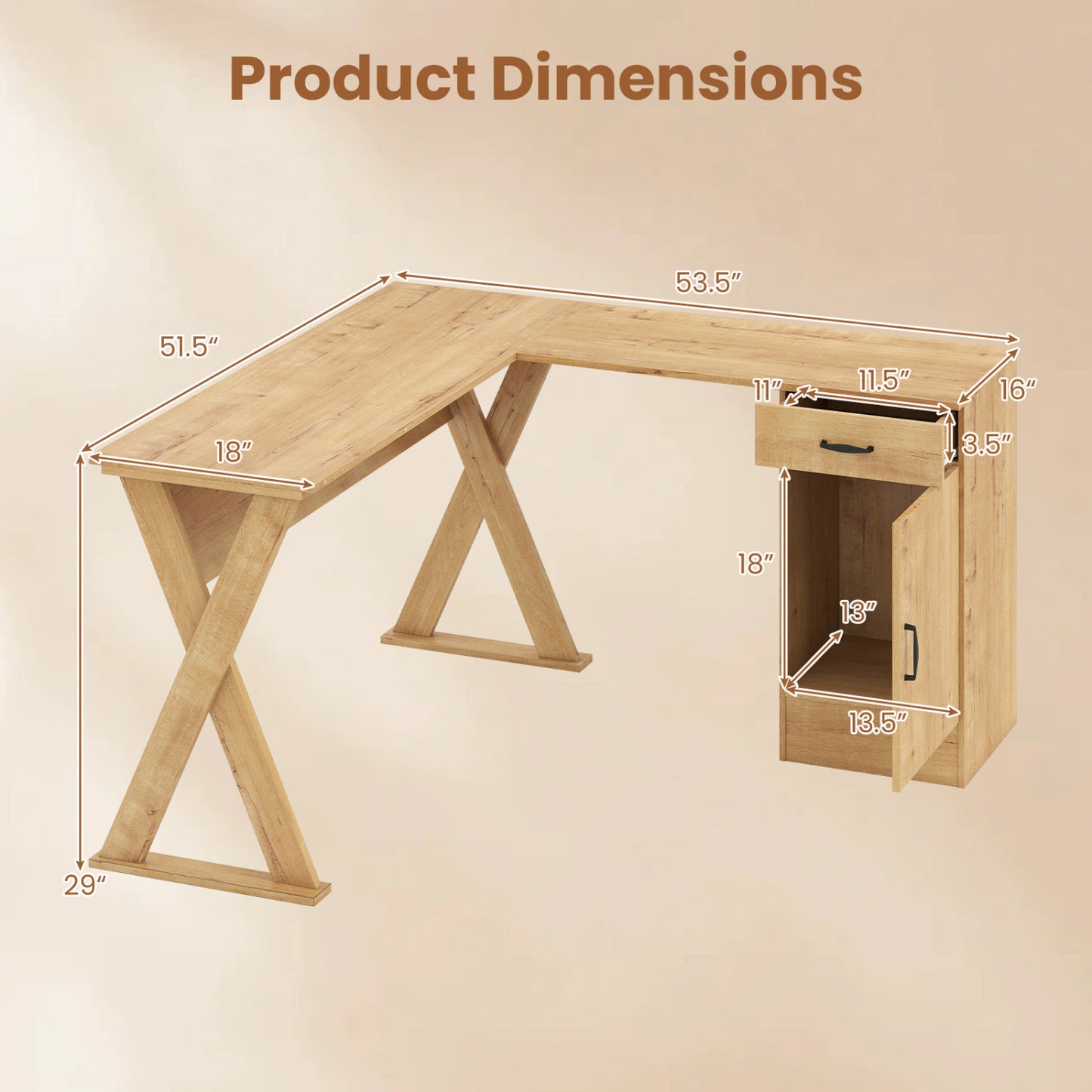 Bureau d'ordinateur en forme de L, tiroir et armoire réversibles, chêne