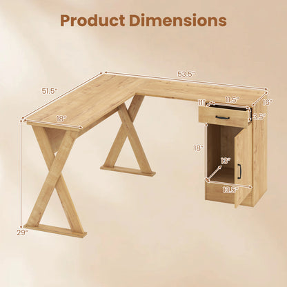 Bureau d'ordinateur en forme de L, tiroir et armoire réversibles, chêne