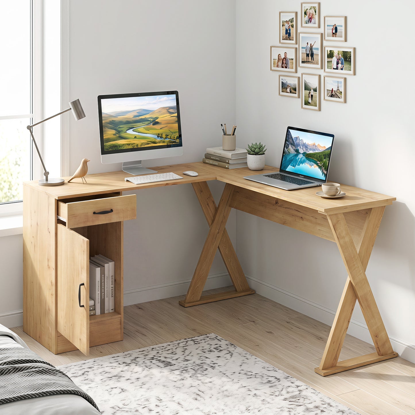 Bureau d'ordinateur en forme de L, tiroir et armoire réversibles, chêne
