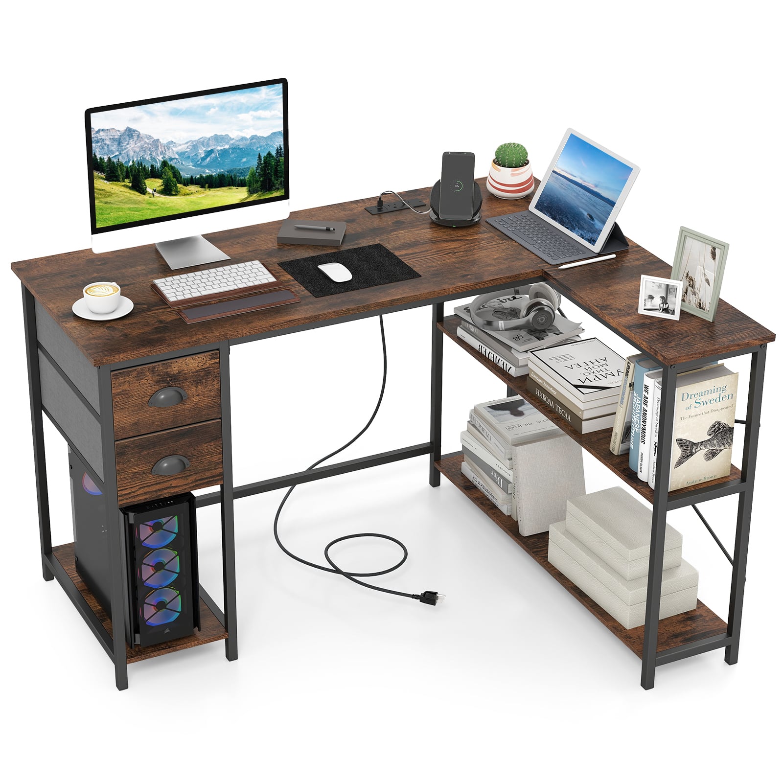 L Shaped Desk With Charging Station, 2 Fabric Drawers, Brown L-Shaped Desks Rustic Brown at Gallery Canada