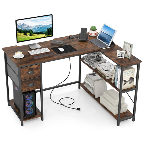 L Shaped Desk With Charging Station, 2 Fabric Drawers, Brown