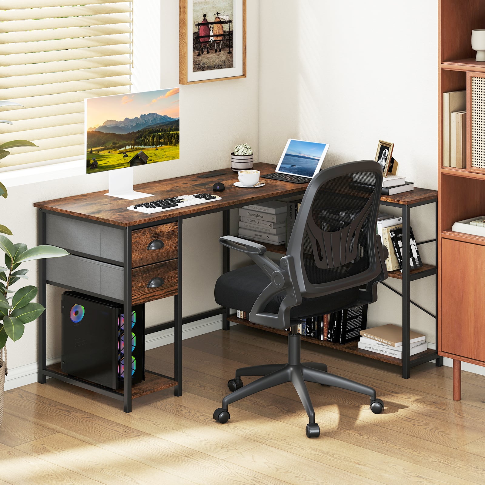 L Shaped Desk With Charging Station, 2 Fabric Drawers, Brown L-Shaped Desks at Gallery Canada