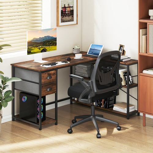 L Shaped Desk With Charging Station, 2 Fabric Drawers, Brown