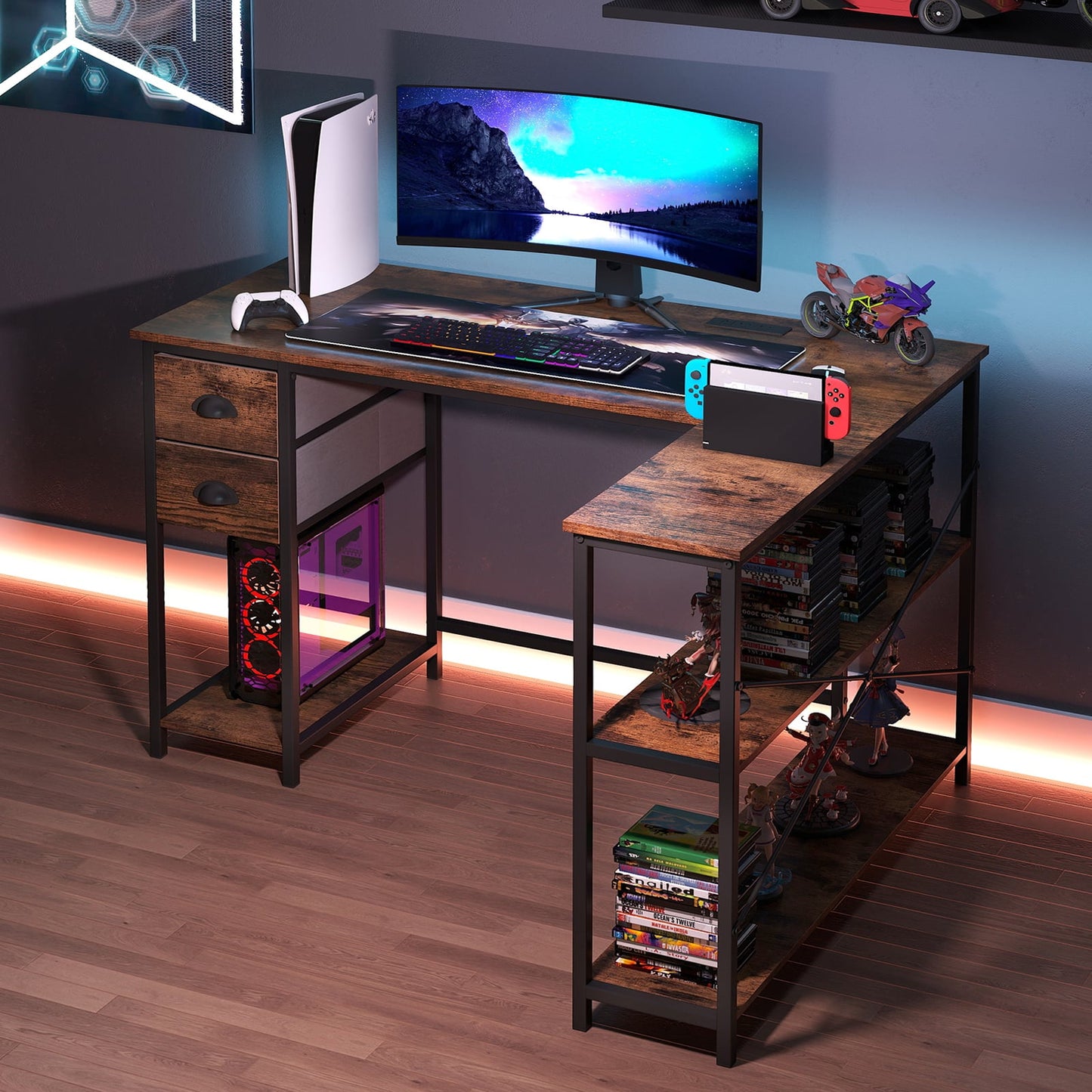 L Shaped Desk With Charging Station, 2 Fabric Drawers, Brown L-Shaped Desks at Gallery Canada