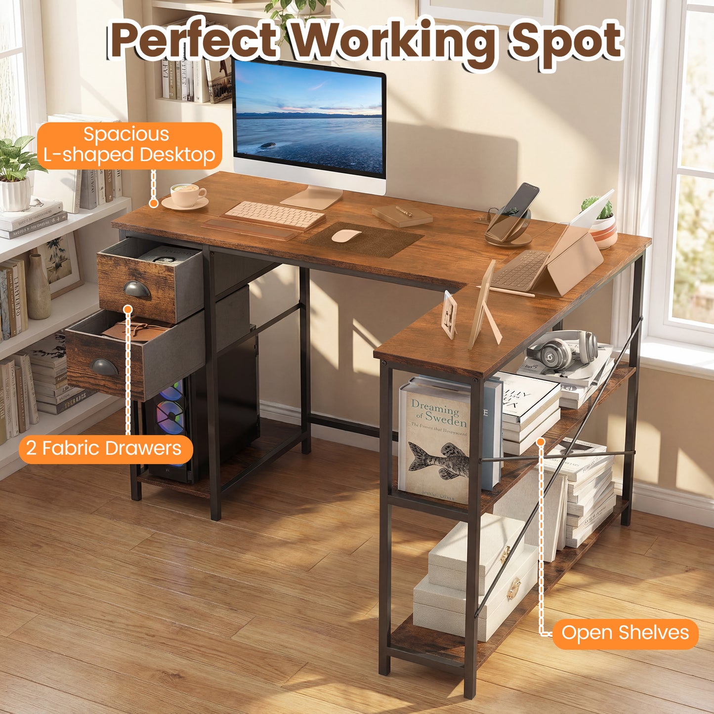 L Shaped Desk With Charging Station, 2 Fabric Drawers, Brown L-Shaped Desks at Gallery Canada