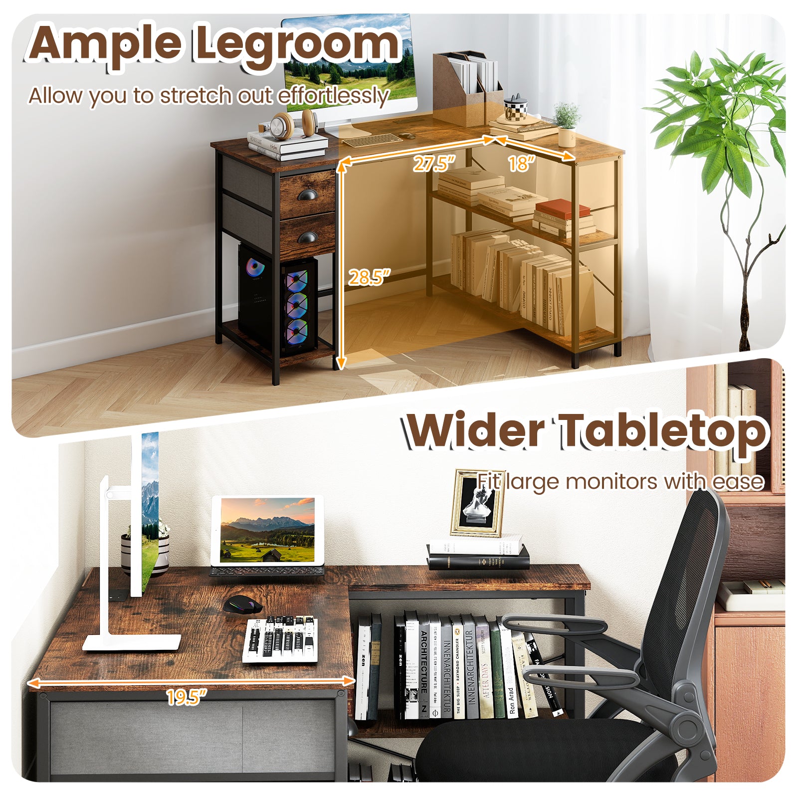 L Shaped Desk With Charging Station, 2 Fabric Drawers, Brown L-Shaped Desks at Gallery Canada