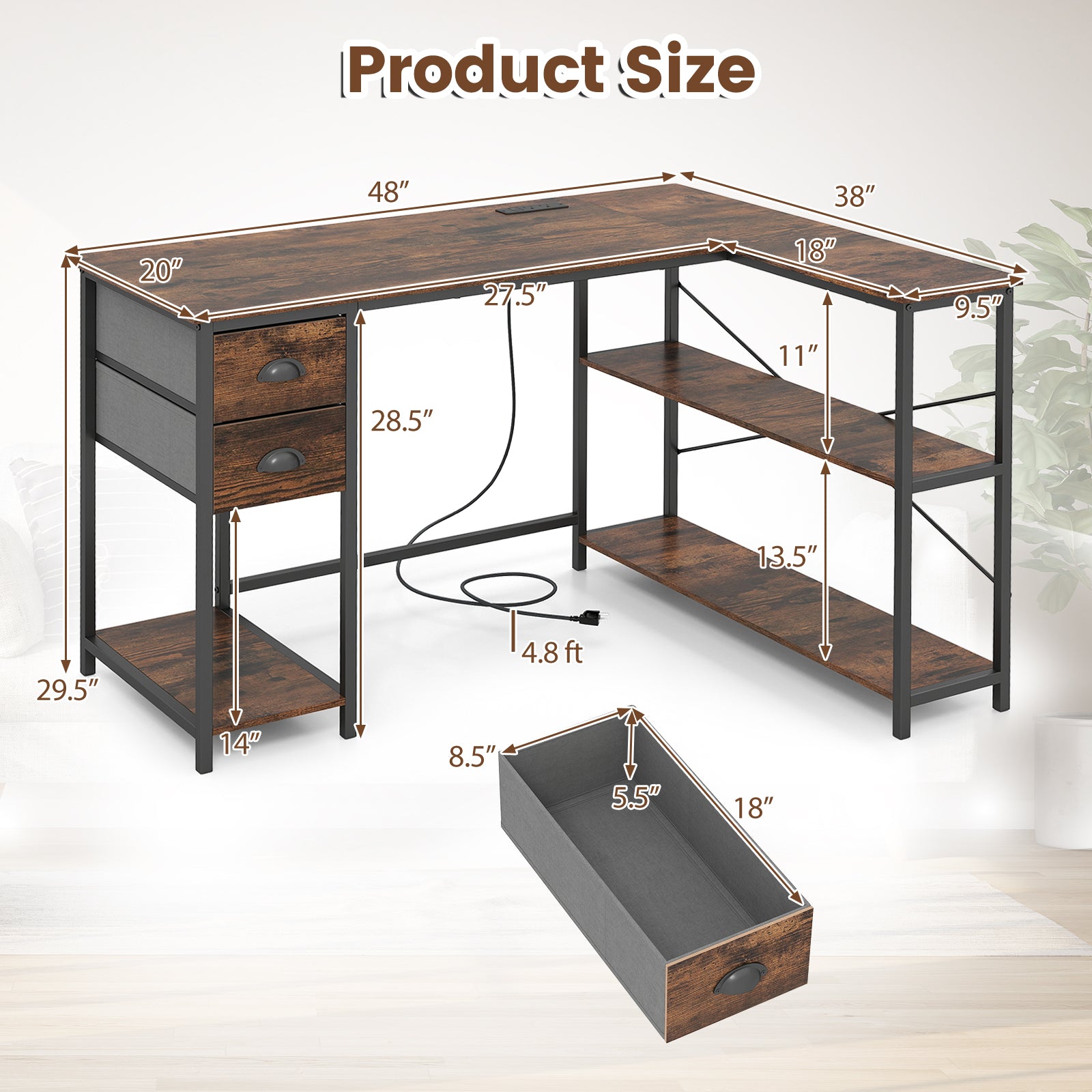 L Shaped Desk With Charging Station, 2 Fabric Drawers, Brown L-Shaped Desks at Gallery Canada