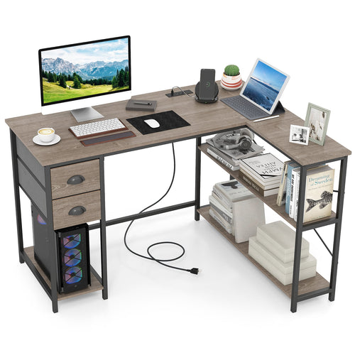 L Shaped Desk With Charging Station, 2 Fabric Drawers, Oak