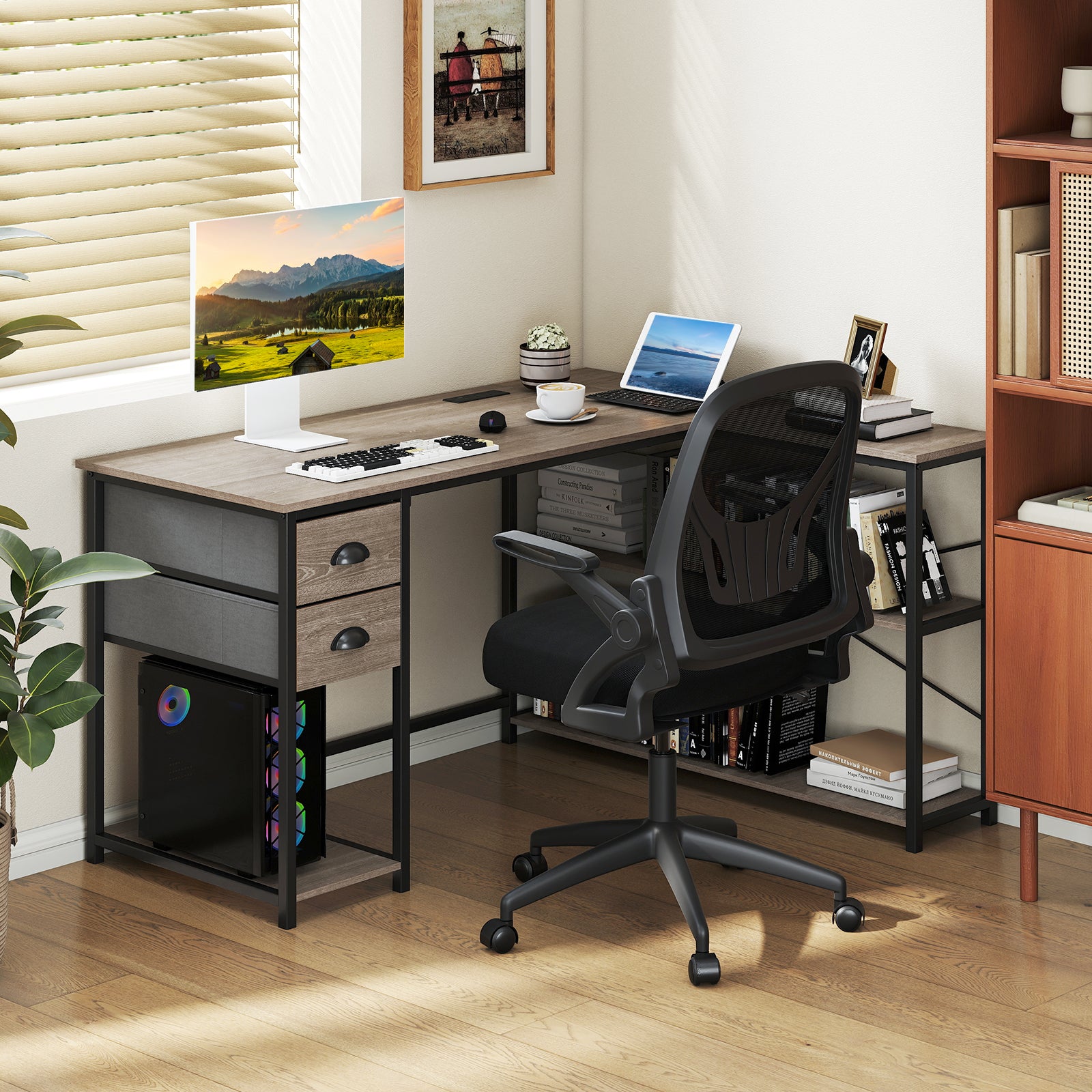 L Shaped Desk With Charging Station, 2 Fabric Drawers, Oak L-Shaped Desks at Gallery Canada