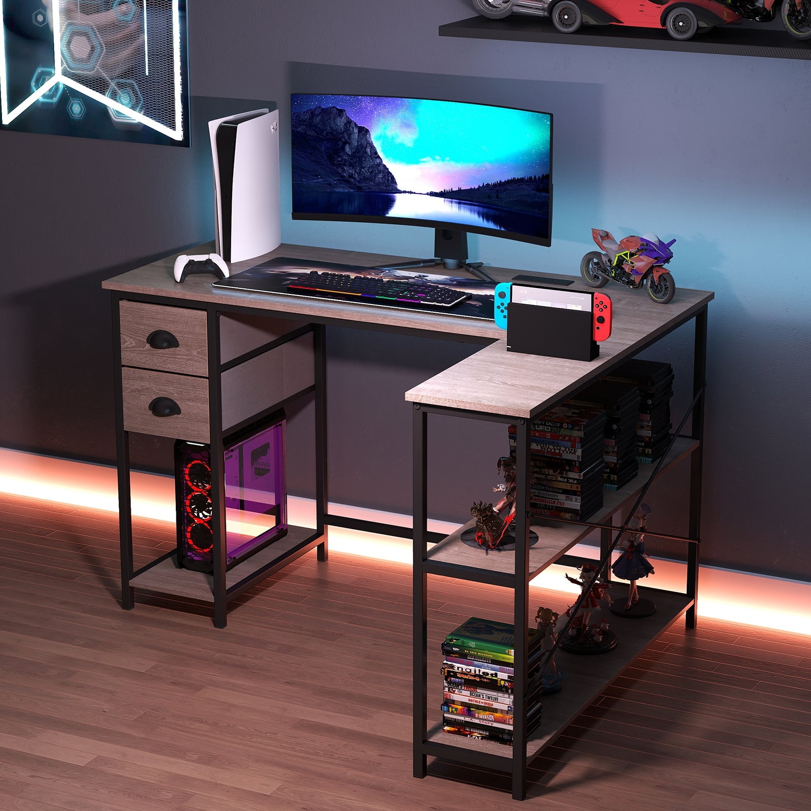 L Shaped Desk With Charging Station, 2 Fabric Drawers, Oak L-Shaped Desks at Gallery Canada