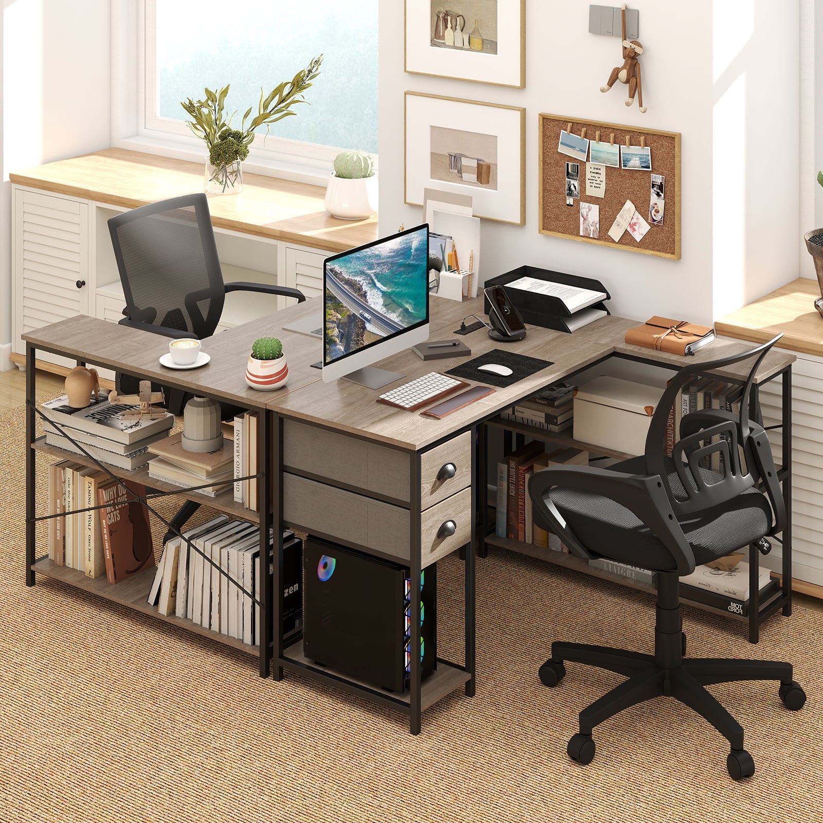 L Shaped Desk With Charging Station, 2 Fabric Drawers, Oak L-Shaped Desks at Gallery Canada