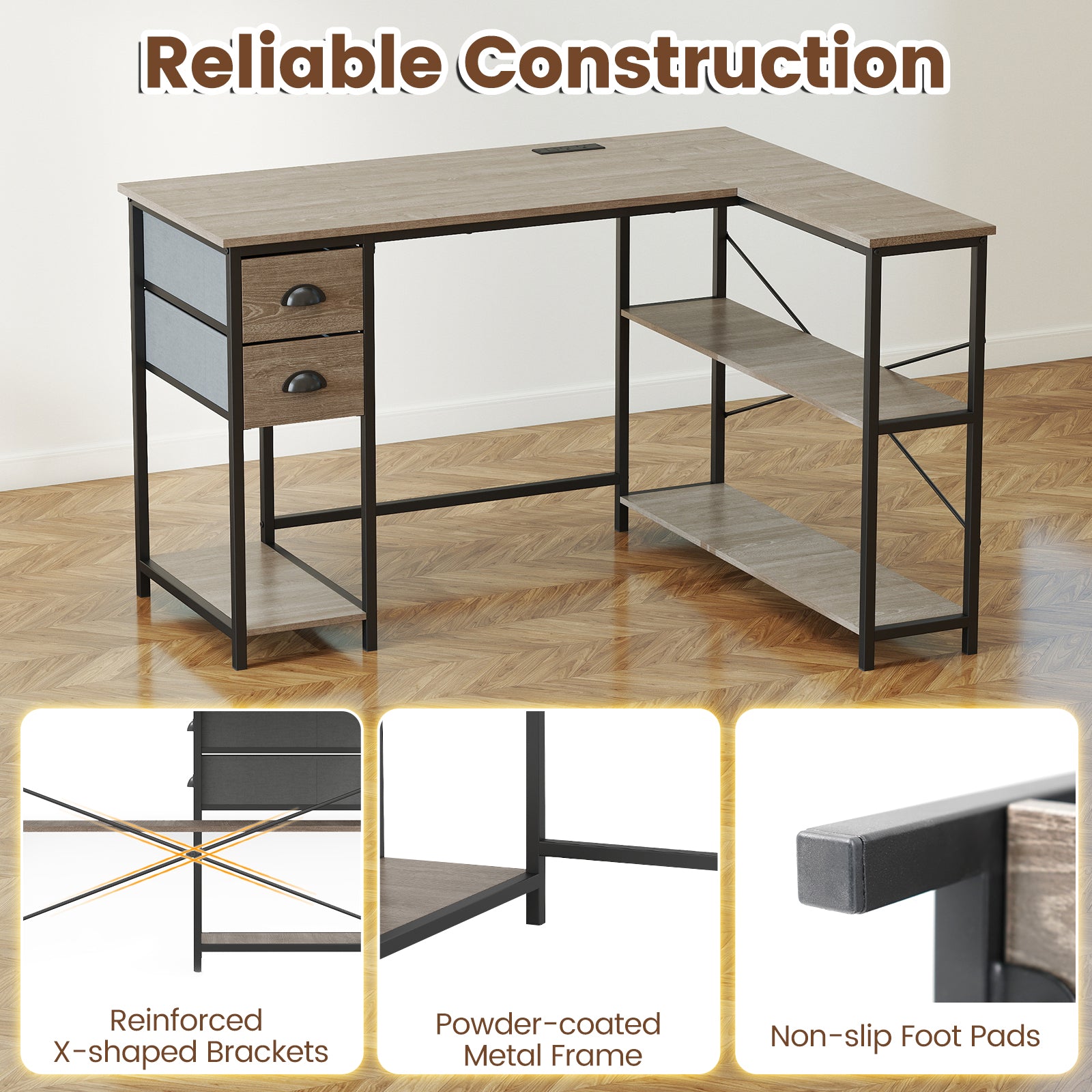 L Shaped Desk With Charging Station, 2 Fabric Drawers, Oak L-Shaped Desks at Gallery Canada