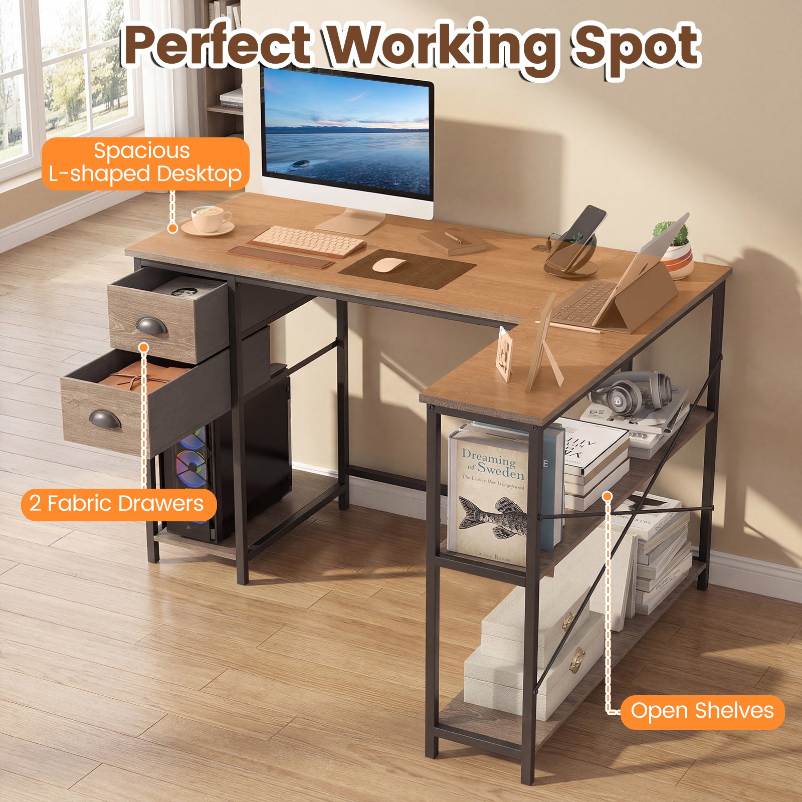 L Shaped Desk With Charging Station, 2 Fabric Drawers, Oak L-Shaped Desks at Gallery Canada
