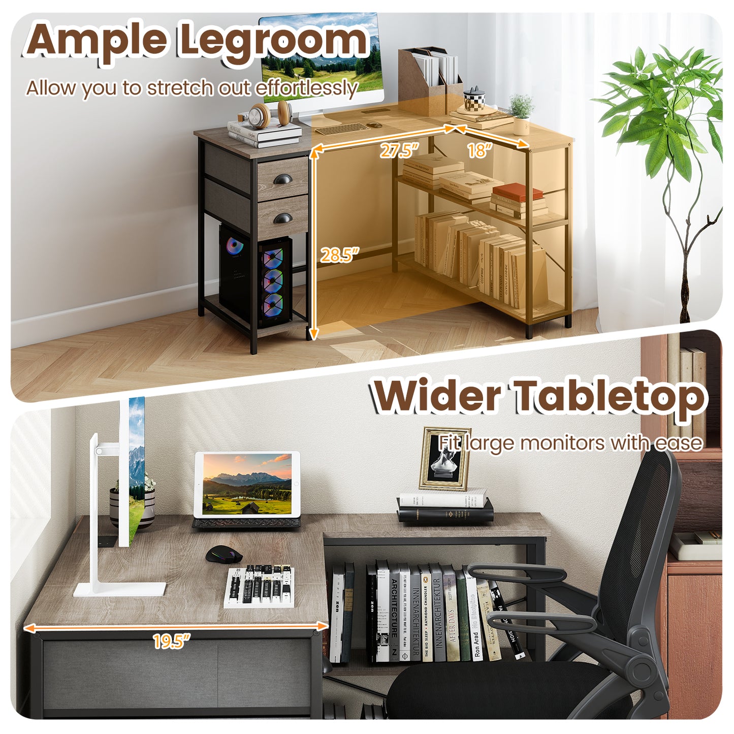 L Shaped Desk With Charging Station, 2 Fabric Drawers, Oak L-Shaped Desks at Gallery Canada