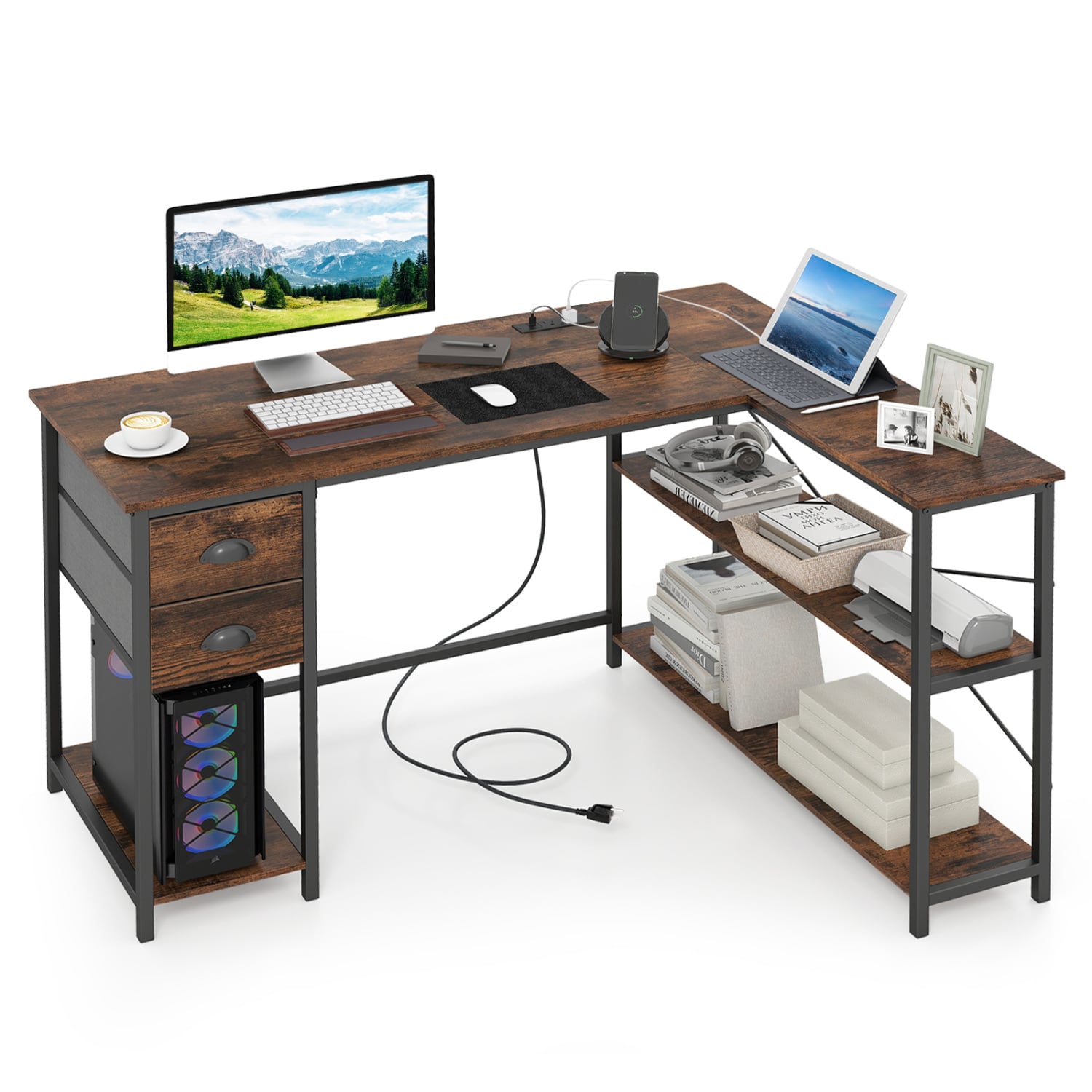 L Shaped Desk With Charging Station, 2 Fabric Drawers, Brown L-Shaped Desks at Gallery Canada