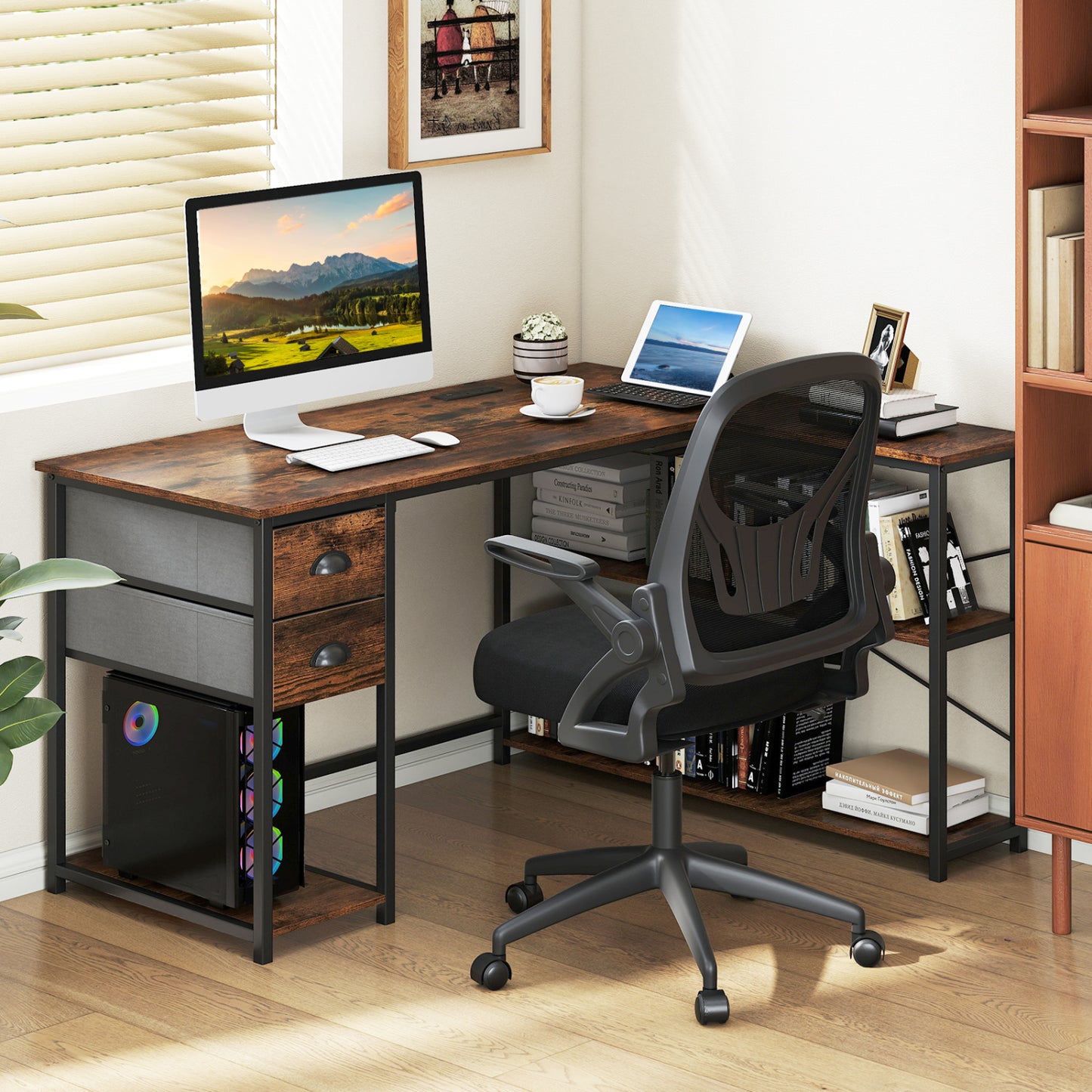 L Shaped Desk With Charging Station, 2 Fabric Drawers, Brown L-Shaped Desks at Gallery Canada
