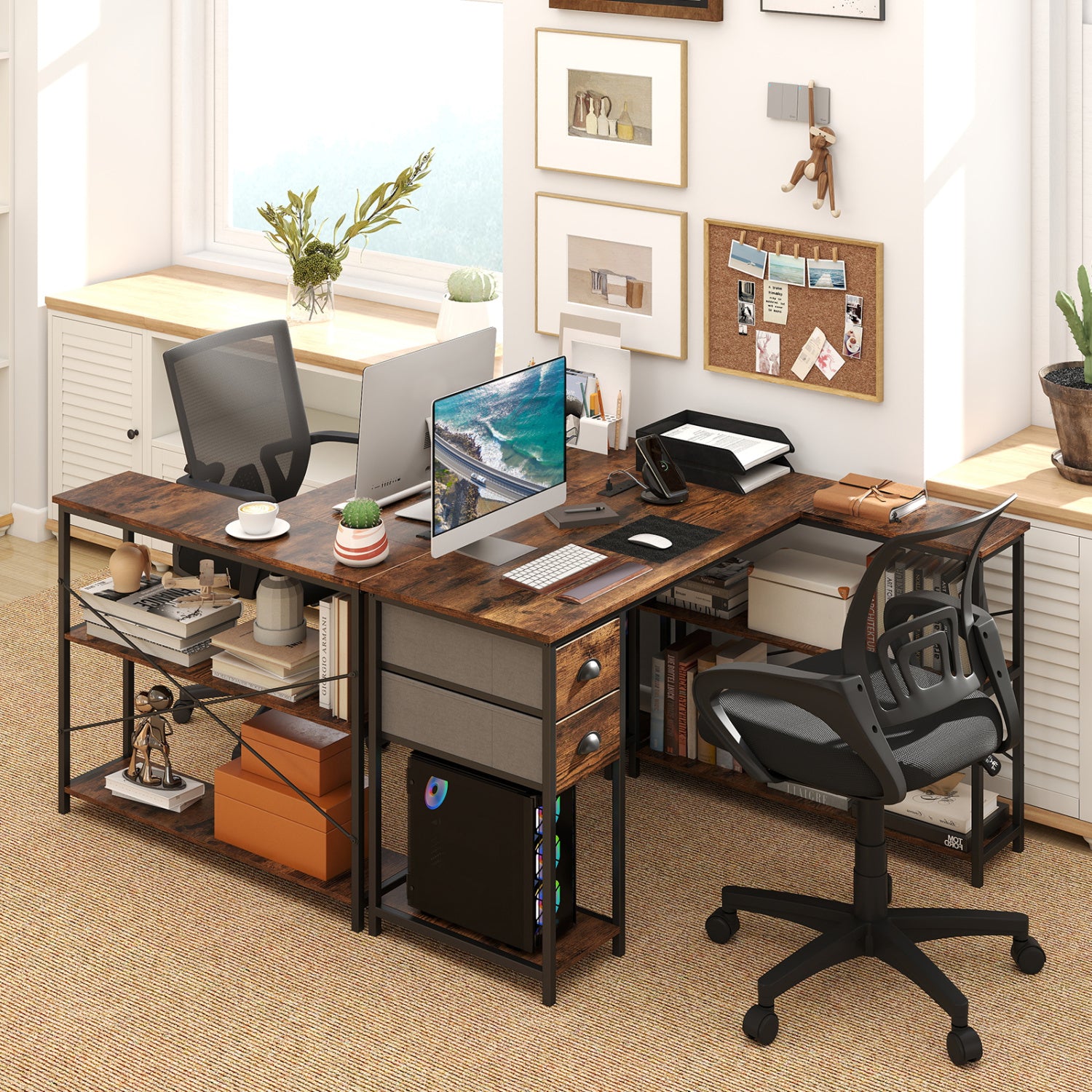 L Shaped Desk With Charging Station, 2 Fabric Drawers, Brown L-Shaped Desks at Gallery Canada
