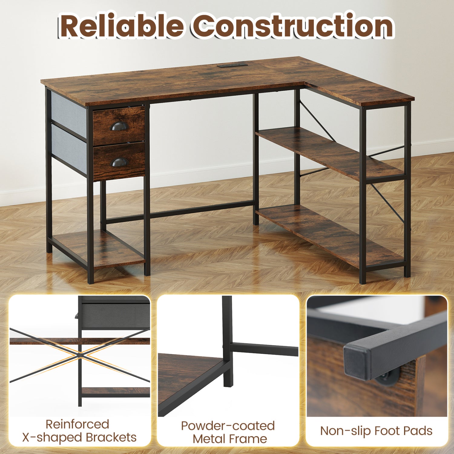 L Shaped Desk With Charging Station, 2 Fabric Drawers, Brown L-Shaped Desks at Gallery Canada