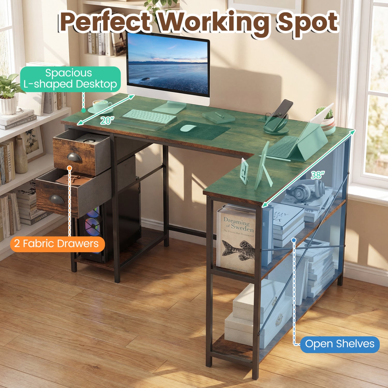 L Shaped Desk With Charging Station, 2 Fabric Drawers, Brown L-Shaped Desks at Gallery Canada