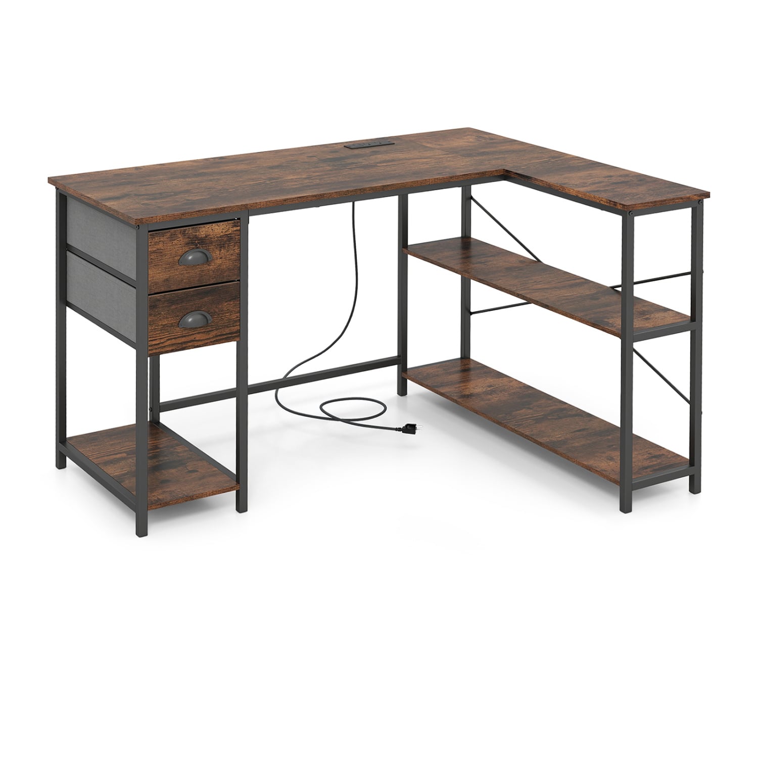 L Shaped Desk With Charging Station, 2 Fabric Drawers, Brown L-Shaped Desks at Gallery Canada