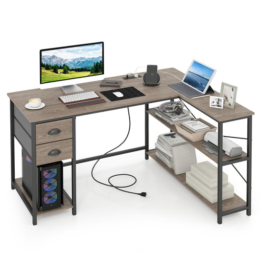 L Shaped Desk With Charging Station, 2 Fabric Drawers, Oak L-Shaped Desks Oak at Gallery Canada