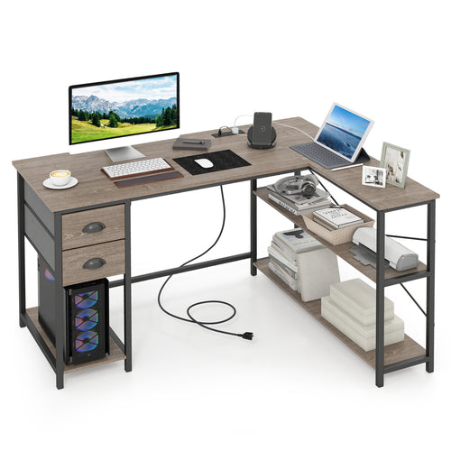 L Shaped Desk With Charging Station, 2 Fabric Drawers, Oak