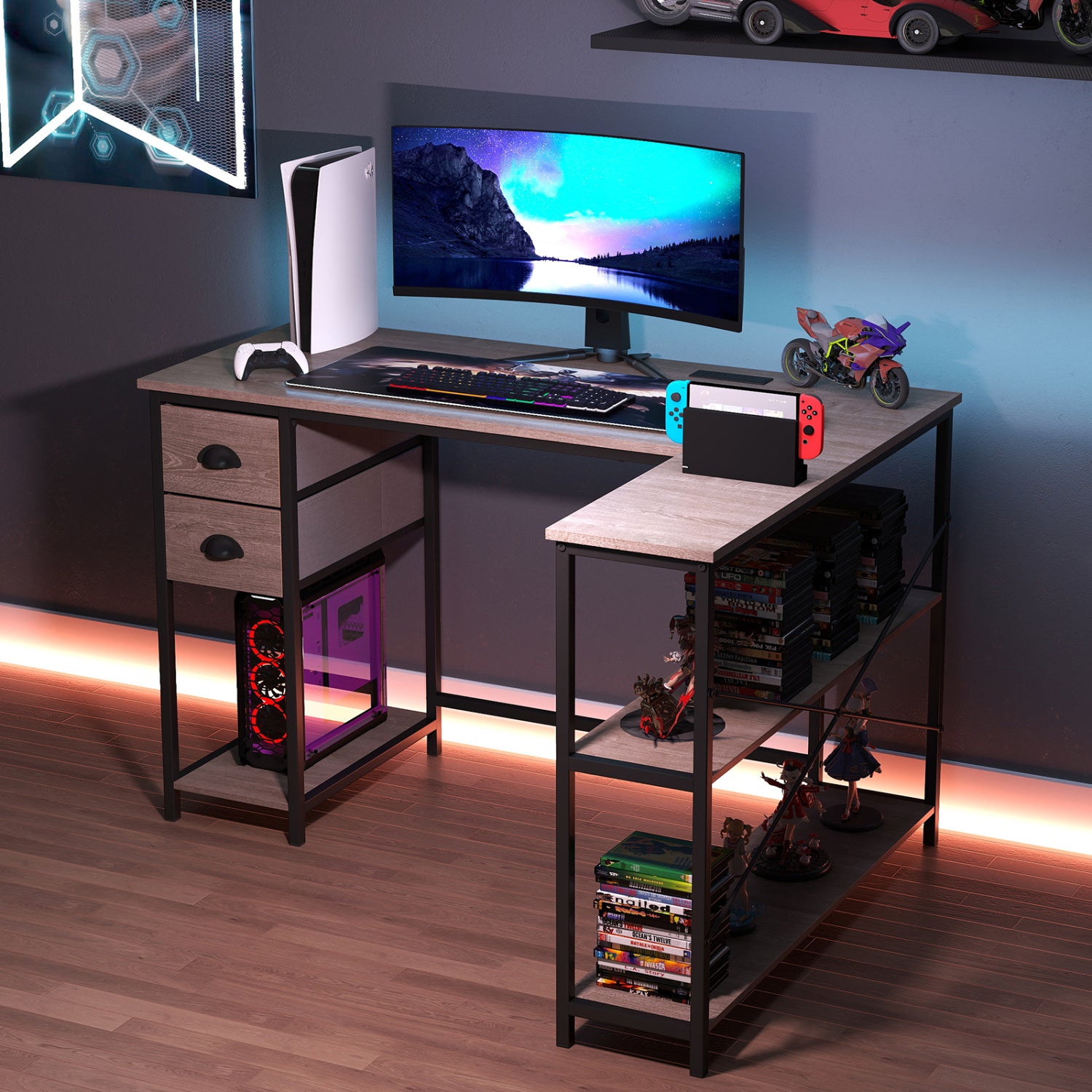 L Shaped Desk With Charging Station, 2 Fabric Drawers, Oak L-Shaped Desks at Gallery Canada