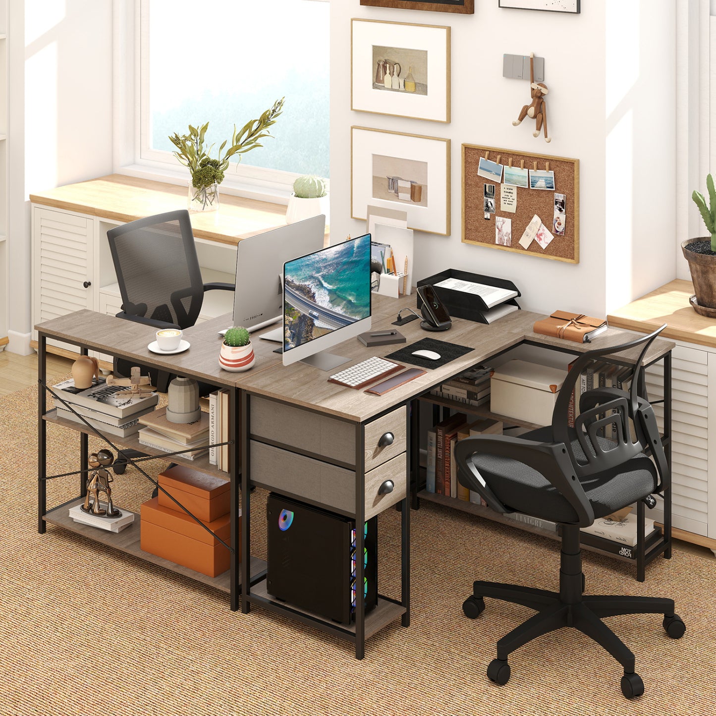 L Shaped Desk With Charging Station, 2 Fabric Drawers, Oak L-Shaped Desks at Gallery Canada