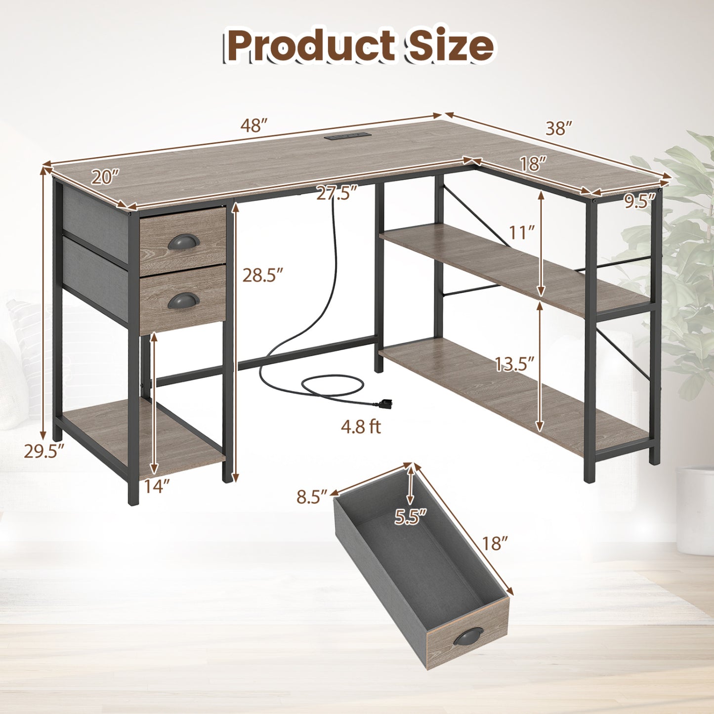 L Shaped Desk With Charging Station, 2 Fabric Drawers, Oak L-Shaped Desks at Gallery Canada