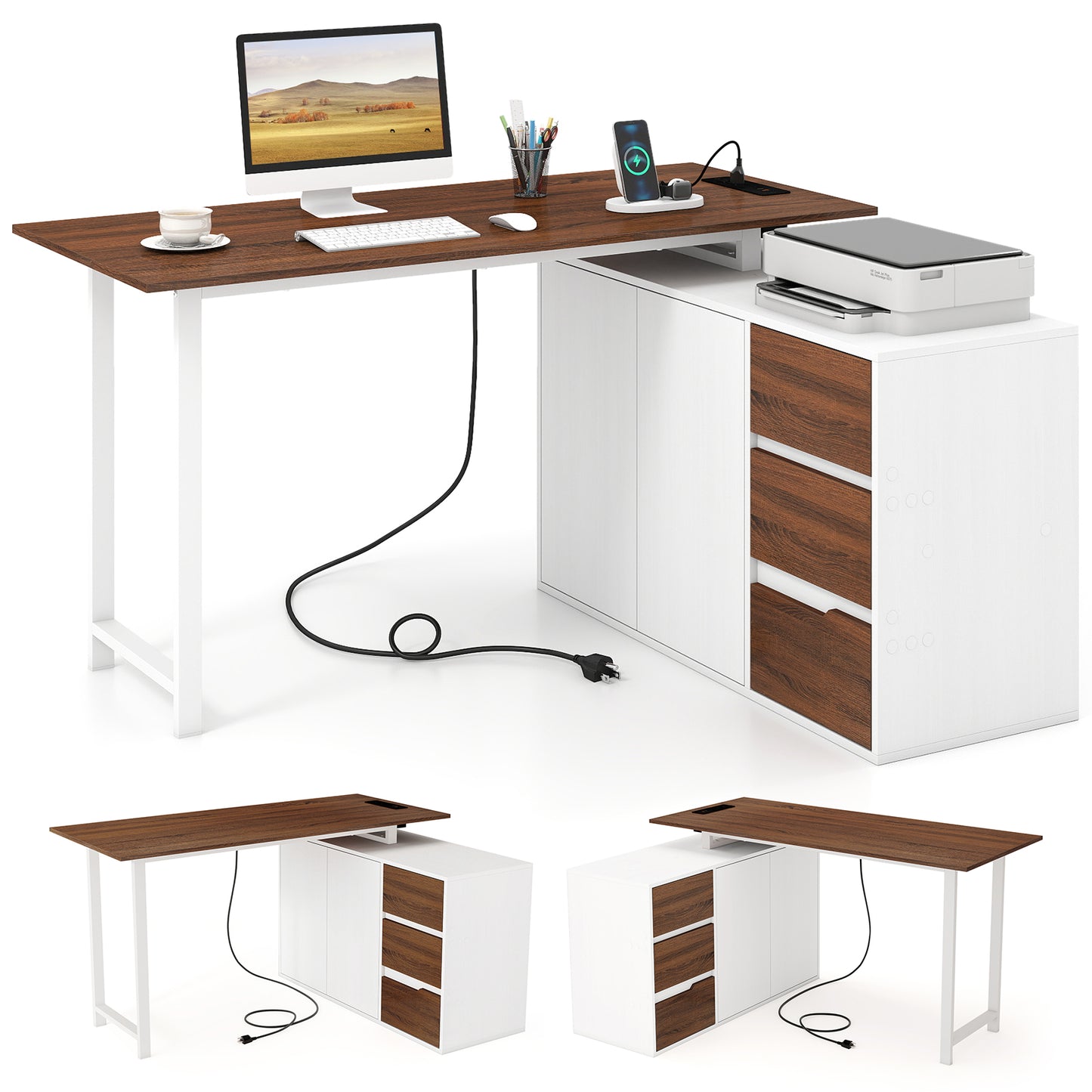 L-Shaped Desk With File Cabinet, Power Outlet, White L-Shaped Desks White at Gallery Canada