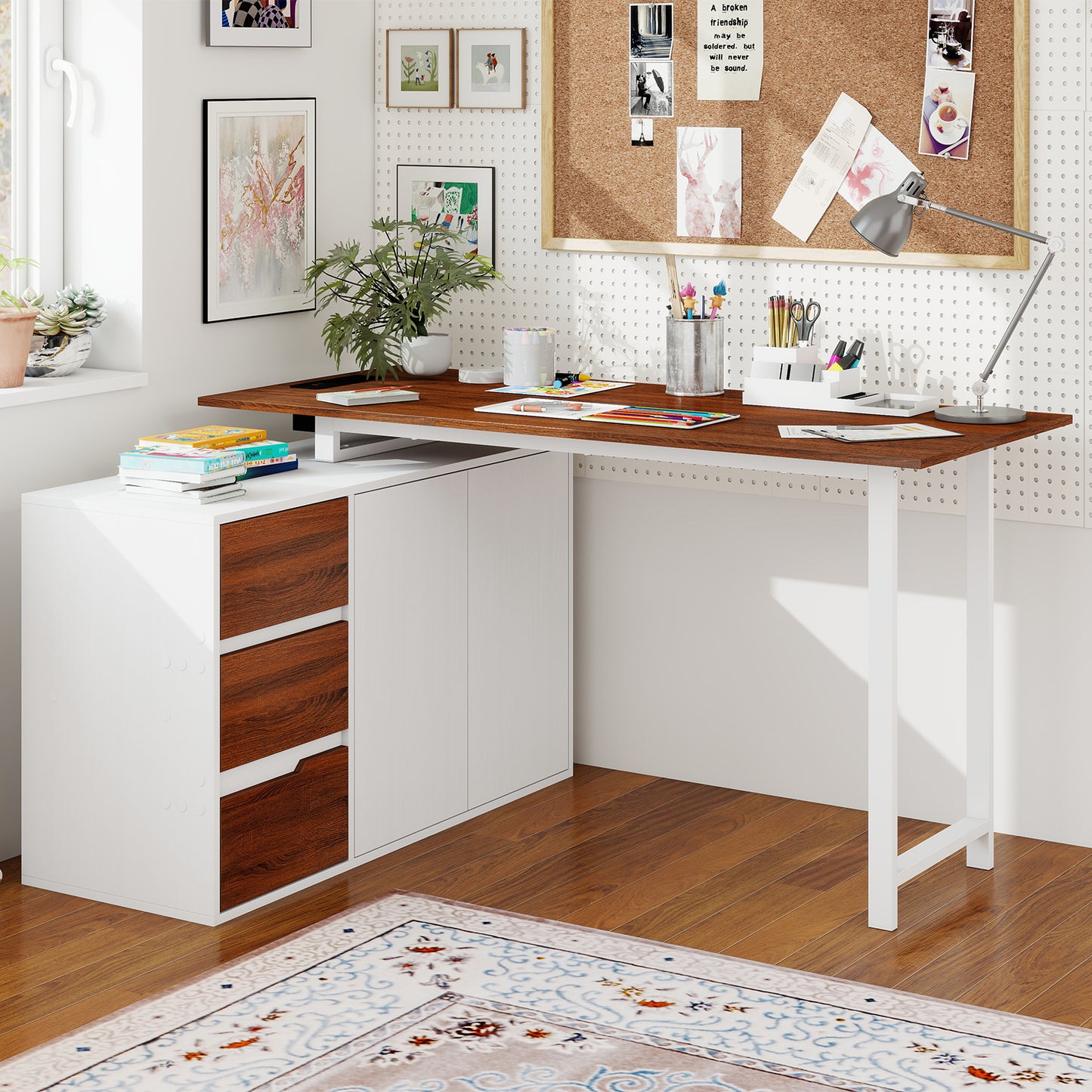L-Shaped Desk With File Cabinet, Power Outlet, White L-Shaped Desks at Gallery Canada