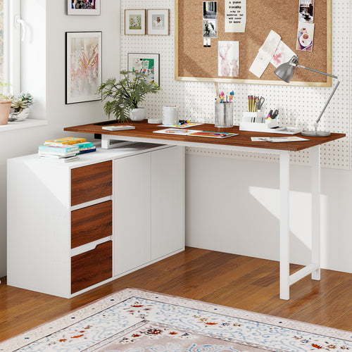 L-Shaped Desk With File Cabinet, Power Outlet, White