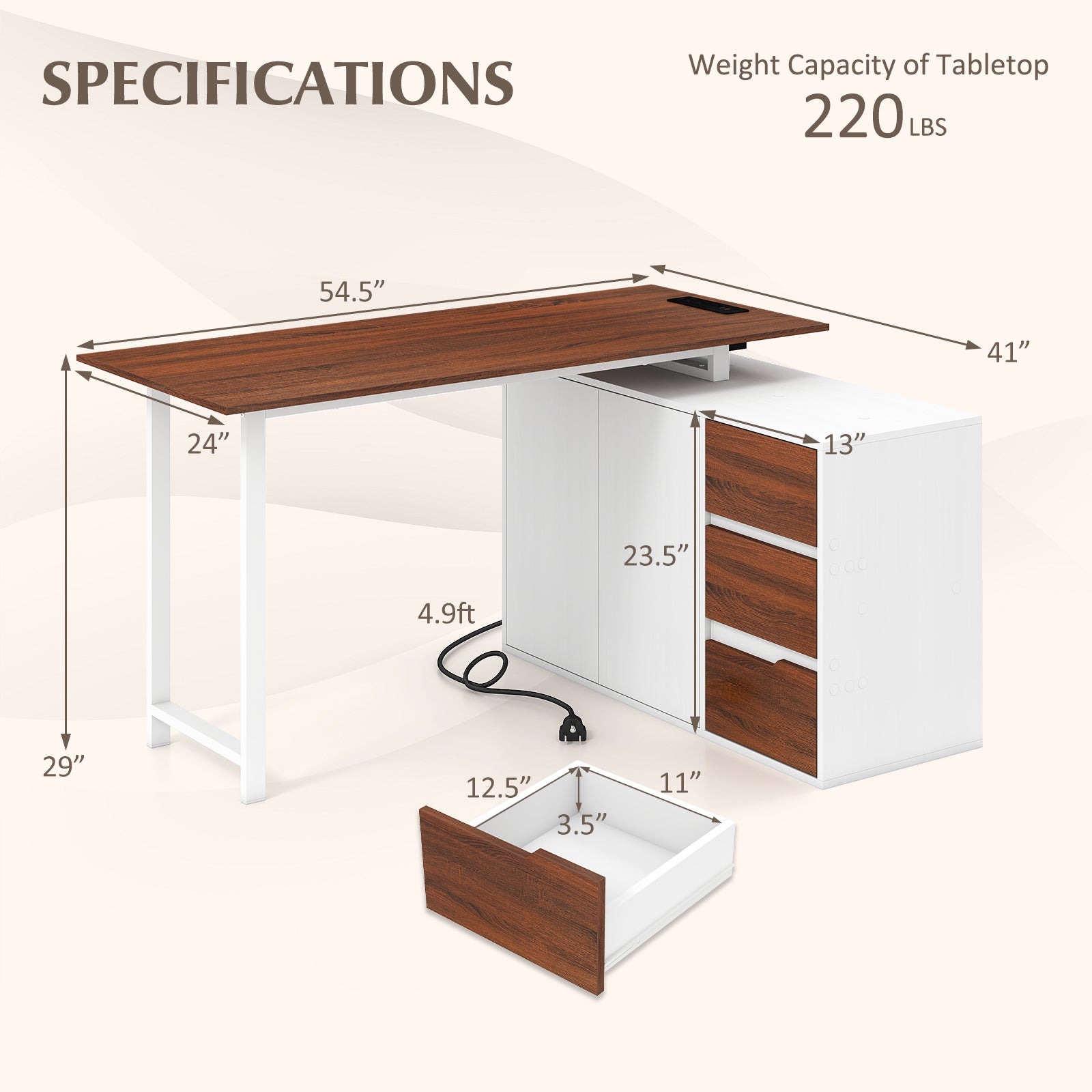 L-Shaped Desk With File Cabinet, Power Outlet, White L-Shaped Desks at Gallery Canada