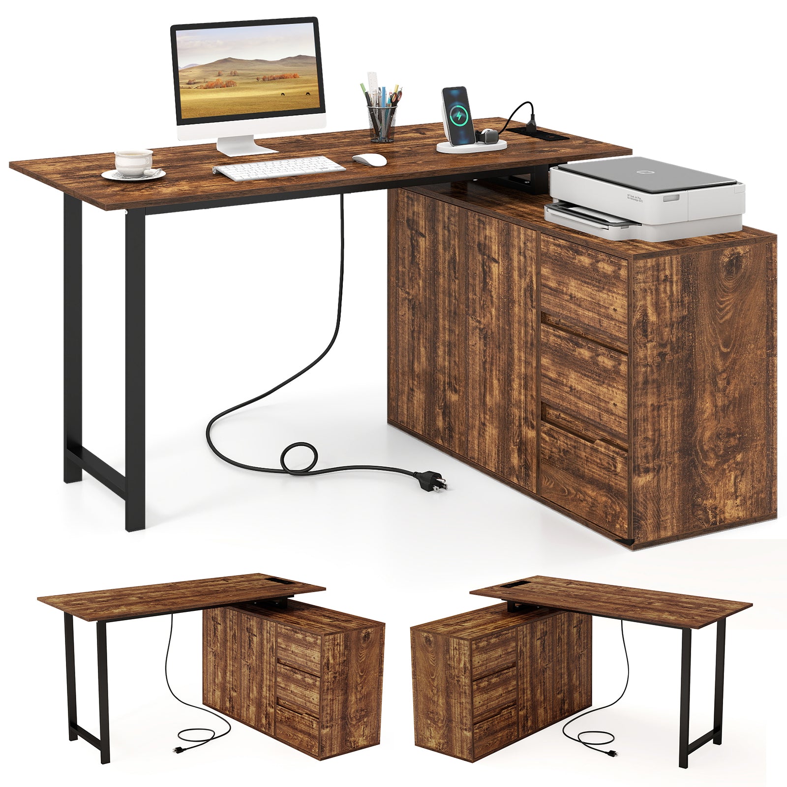 L-Shaped Desk With File Cabinet, Power Outlet, Brown L-Shaped Desks Rustic Brown at Gallery Canada