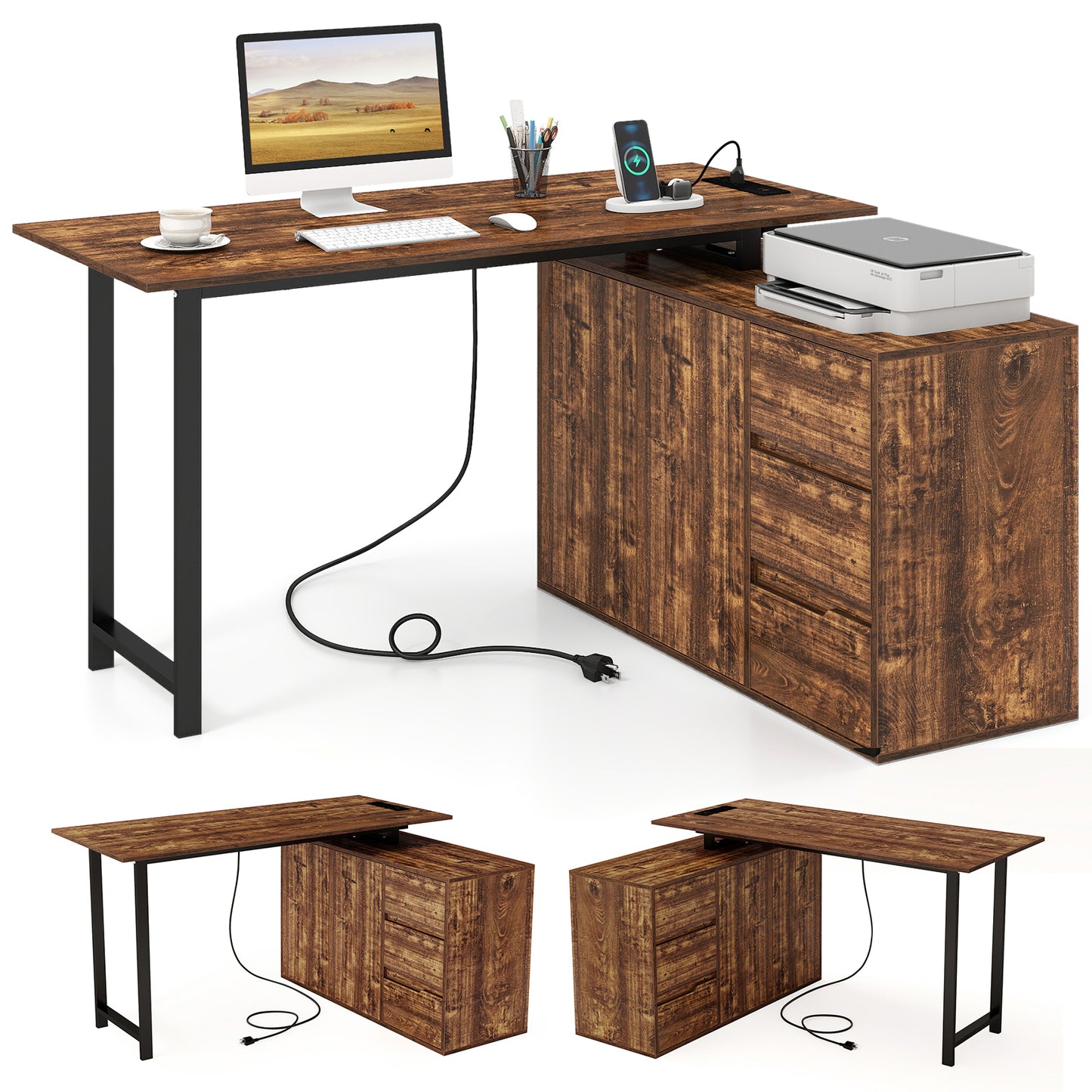 L-Shaped Desk With File Cabinet, Power Outlet, Brown L-Shaped Desks Rustic Brown at Gallery Canada