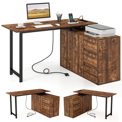 L-Shaped Desk With File Cabinet, Power Outlet, Brown