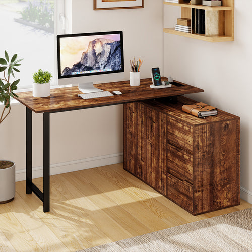 L-Shaped Desk With File Cabinet, Power Outlet, Brown