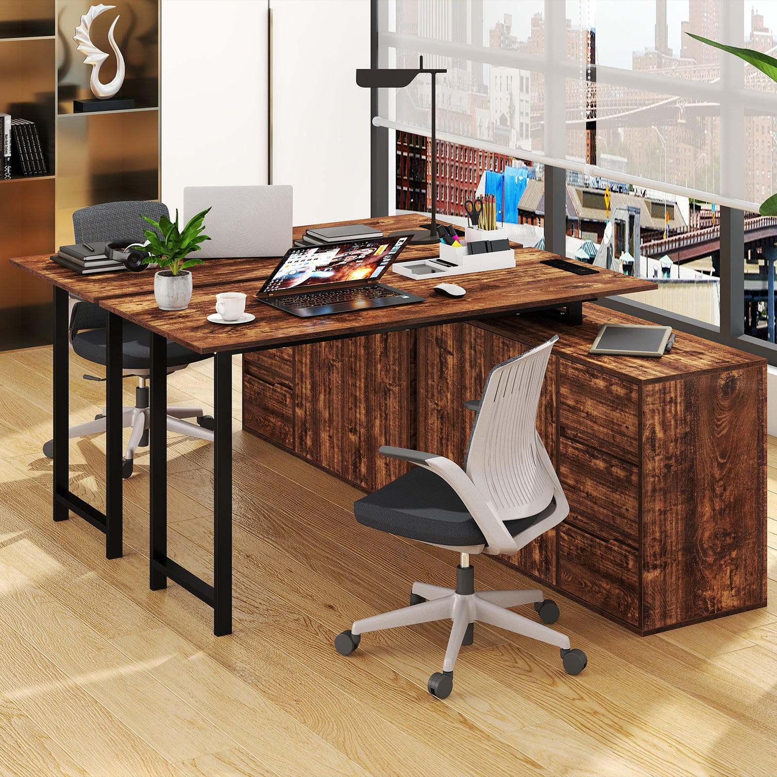 L-Shaped Desk With File Cabinet, Power Outlet, Brown L-Shaped Desks at Gallery Canada