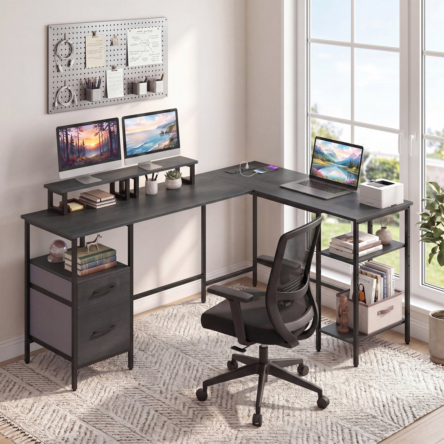L Shaped Desk with Power Outlet, Reversible Computer Desk, Black L-Shaped Desks at Gallery Canada
