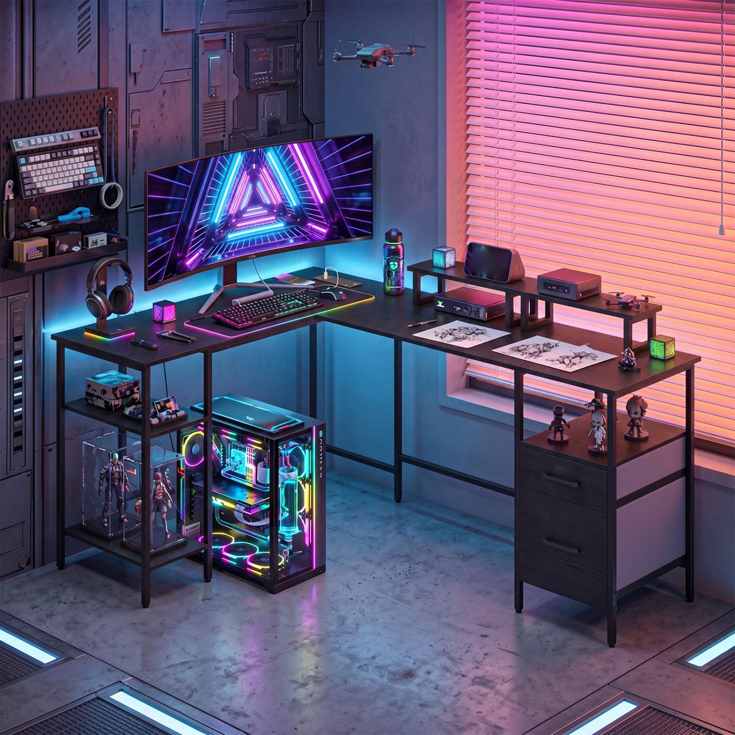 L Shaped Desk with Power Outlet, Reversible Computer Desk, Black L-Shaped Desks at Gallery Canada